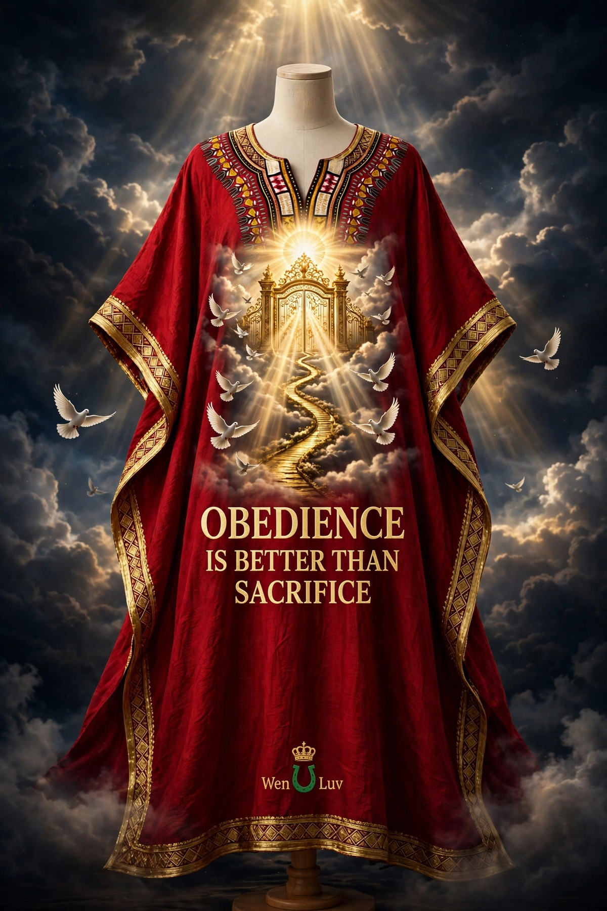 OBEDIENCE IS BETTER THAN SACRIFICE Kaftan - Scarlet + Gold (One Size)
