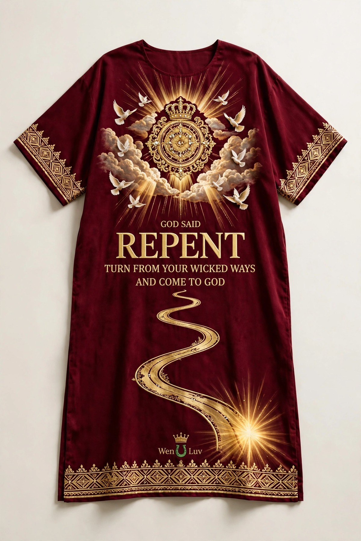 GOD SAID REPENT Dashiki - Wine Burgundy + Gold (One Size)