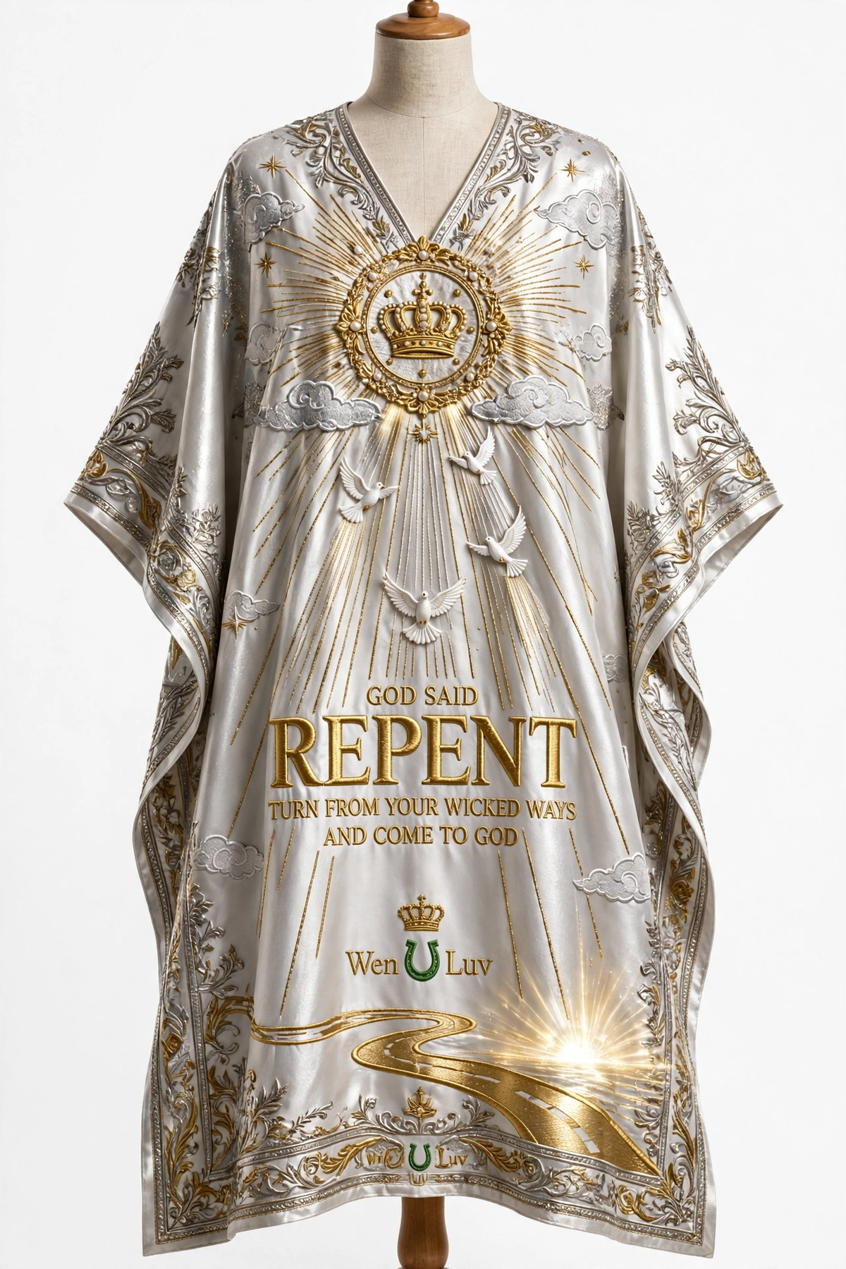 GOD SAID REPENT Dashiki - Silver + White + Gold (One Size)