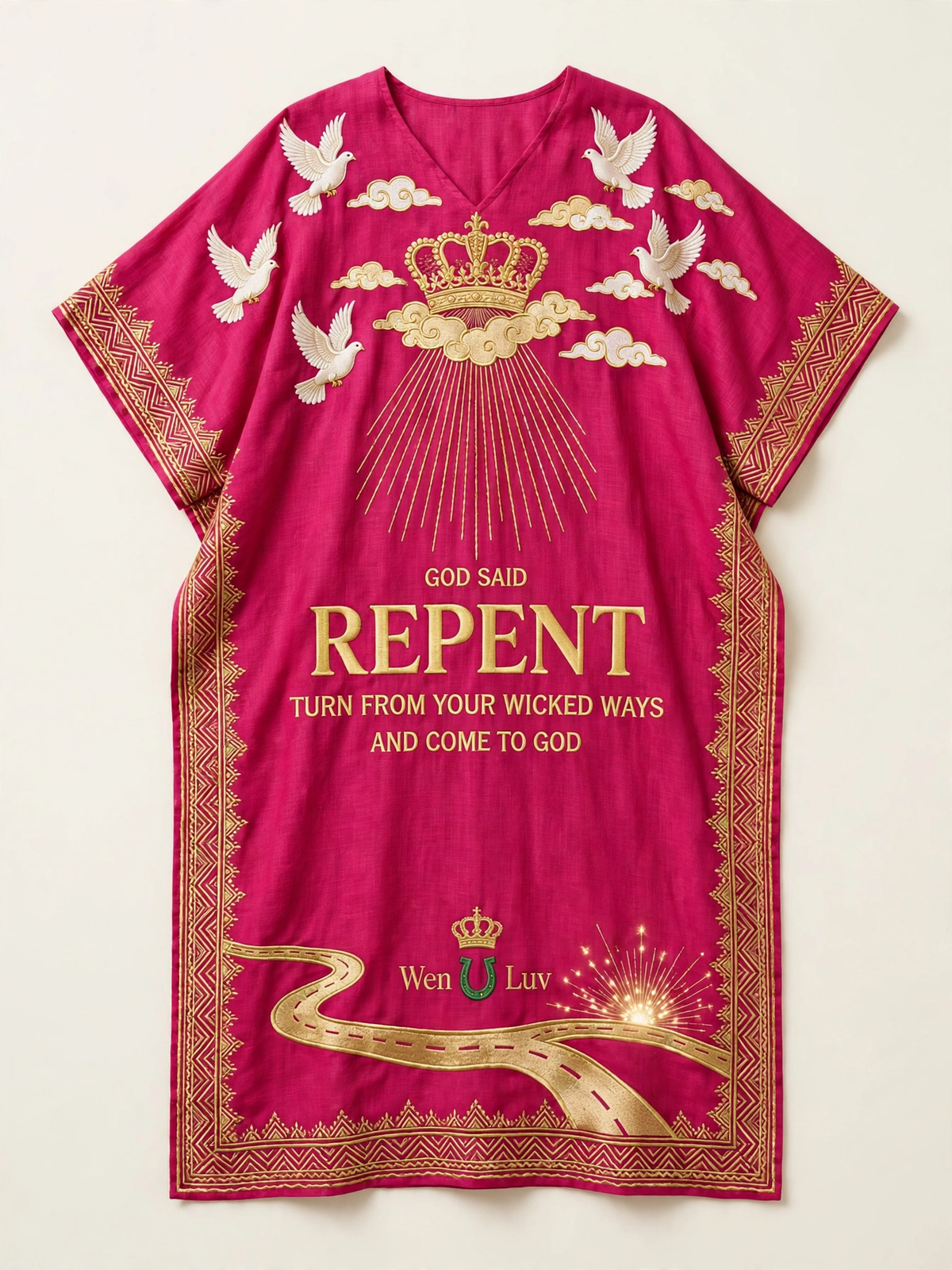 GOD SAID REPENT Dashiki - Fuchsia Pink + Gold (One Size)
