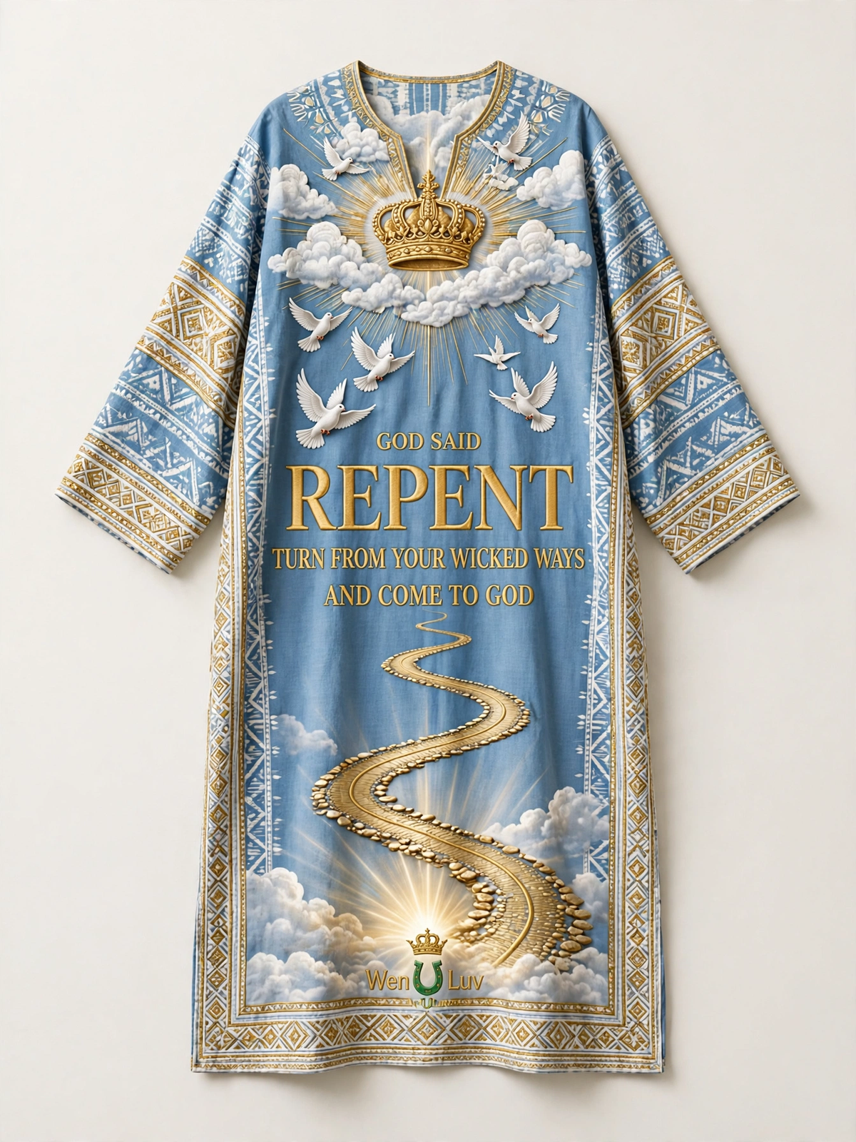 GOD SAID REPENT Dashiki - Sky Blue + White + Gold (One Size)