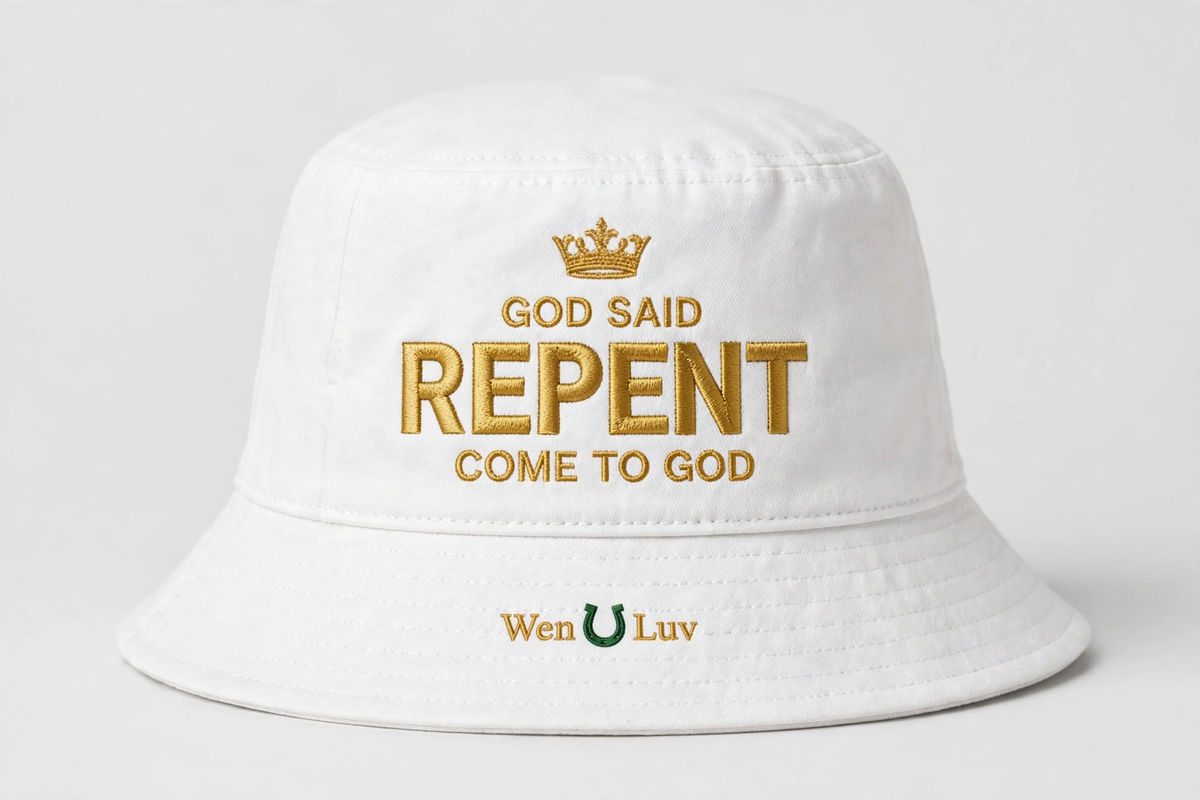 GOD SAID REPENT Bucket Hat - White + Gold